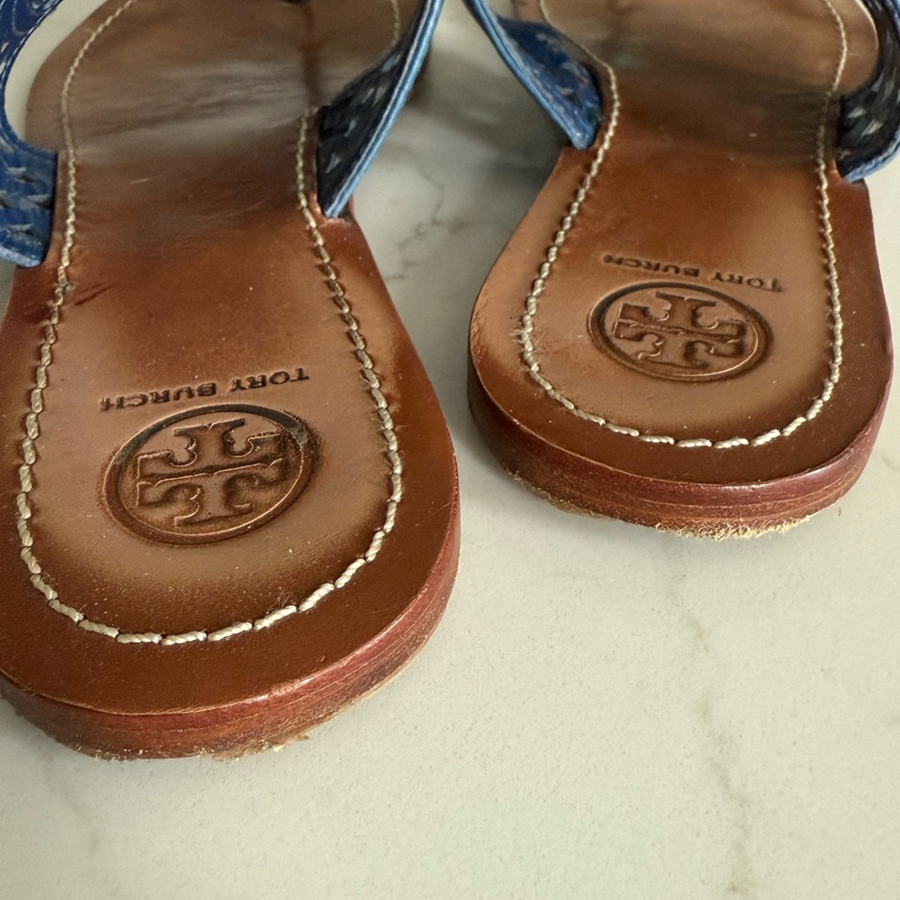 Tory Burch Blue Lattice Leather Sandals - Picture 5 of 9